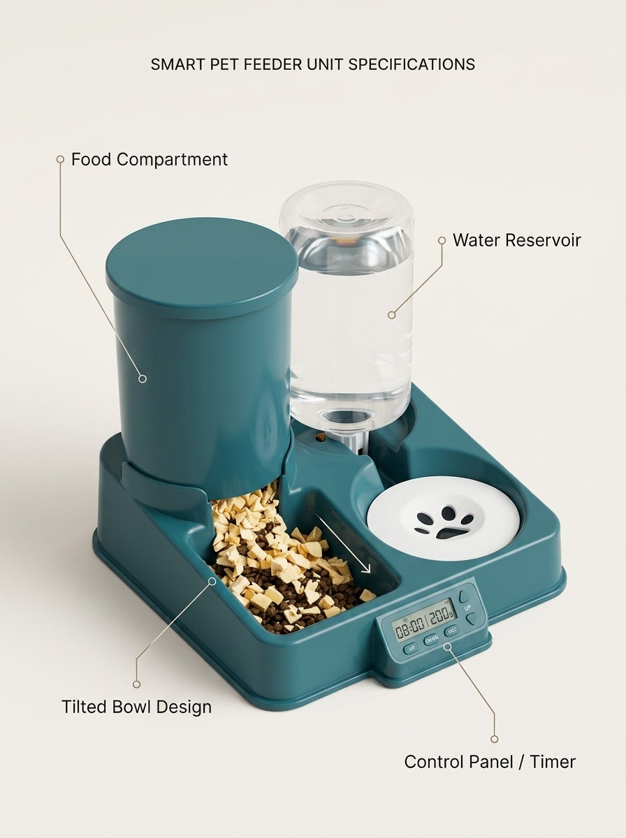 Automatic Cat Feeder 2-in-1 - feature callouts food water tilted control panel