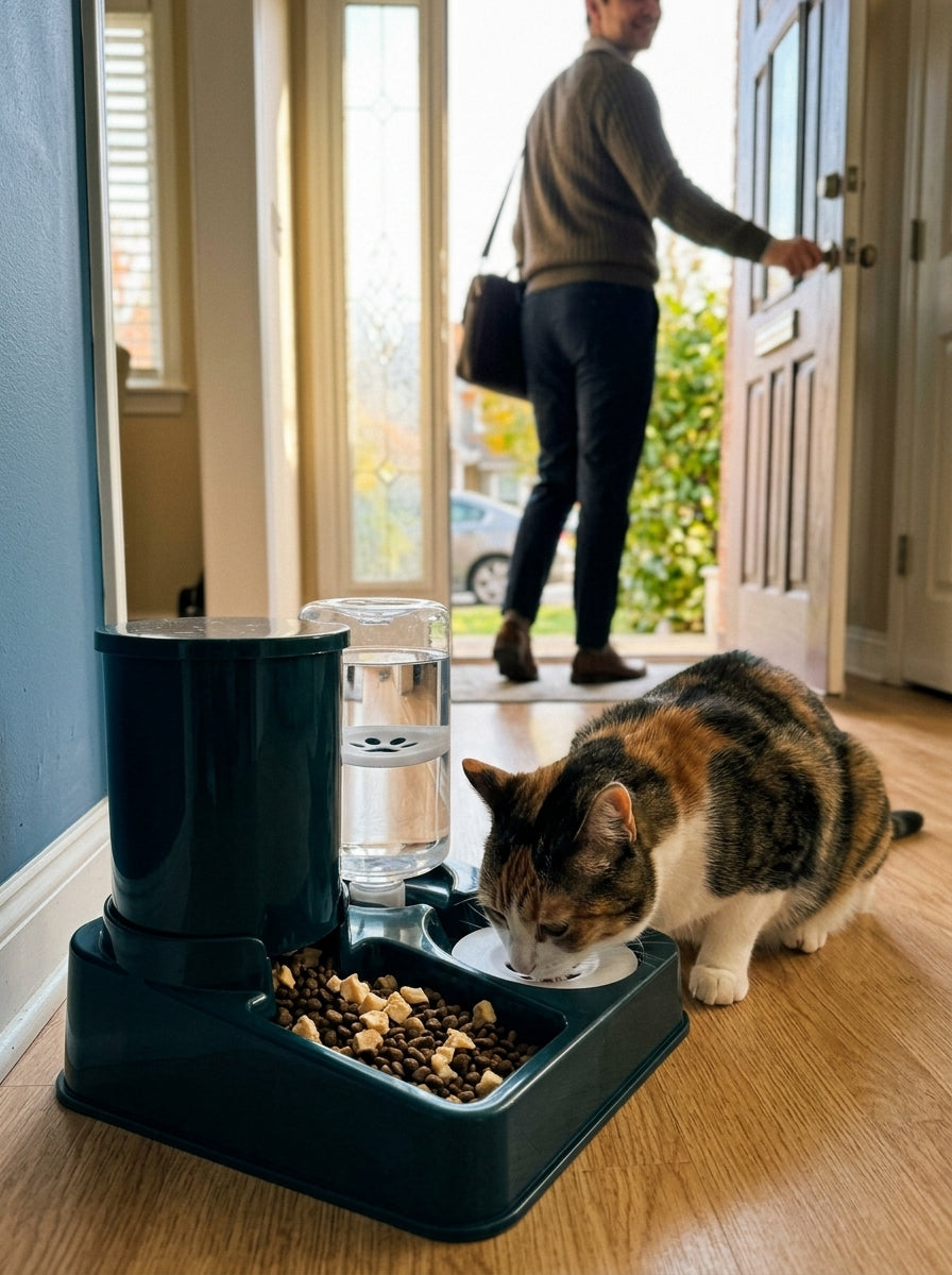Automatic Cat Feeder 2-in-1 - cat eating while owner leaves for work