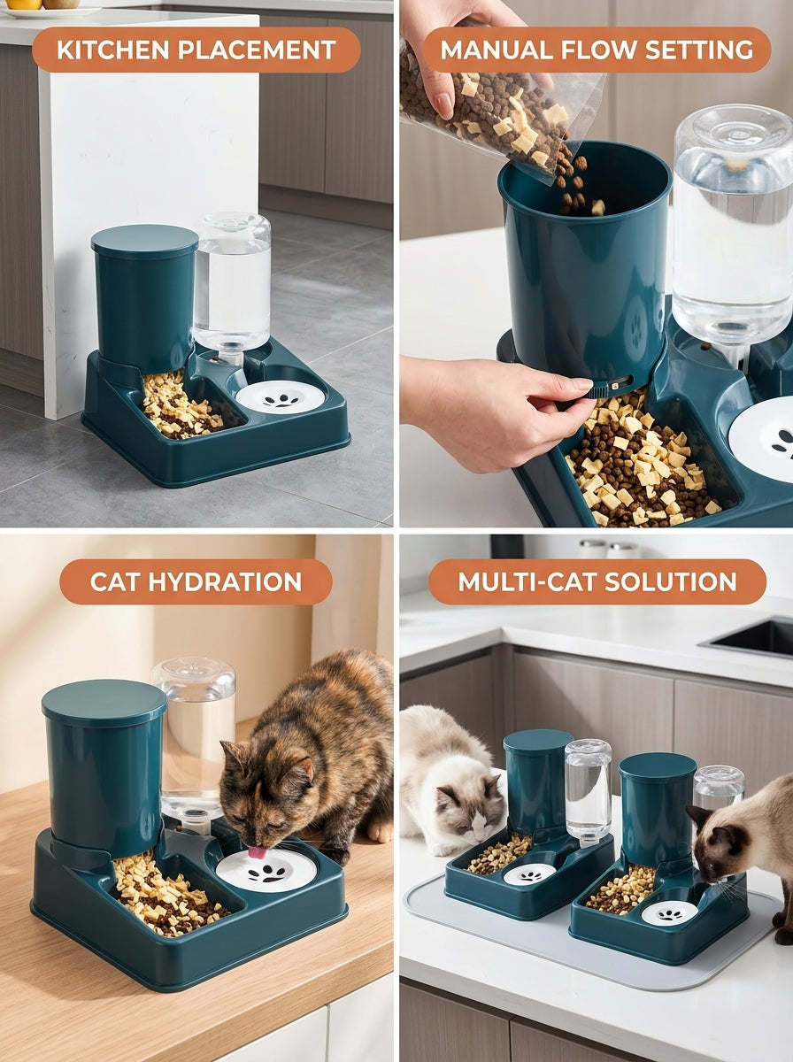 Automatic Cat Feeder 2-in-1 - kitchen setup flow hydration multi-cat use cases