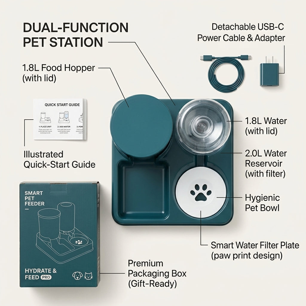 Automatic Cat Feeder 2-in-1 - what's in the box flat lay