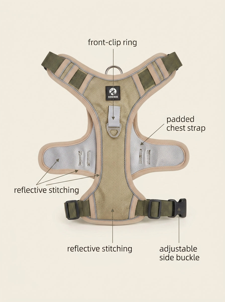 No-Pull Dog Harness - feature callouts front clip padded strap reflective