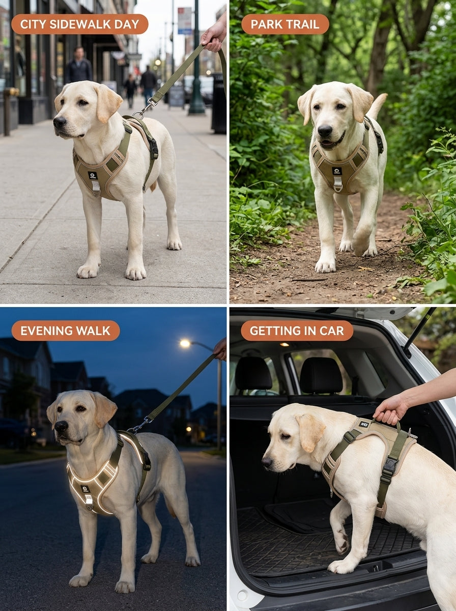 No-Pull Dog Harness - city park evening car use cases